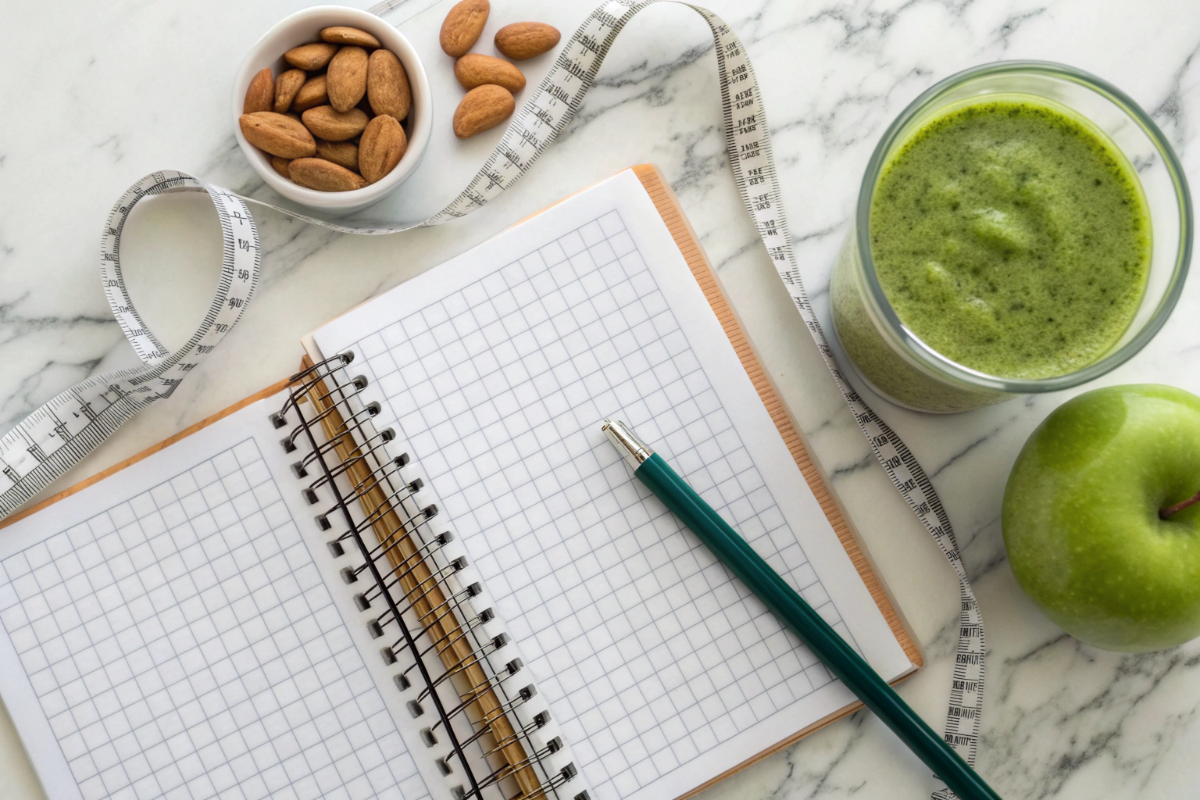 Pianificazione fitness con quaderno di allenamento e alimentazione sana