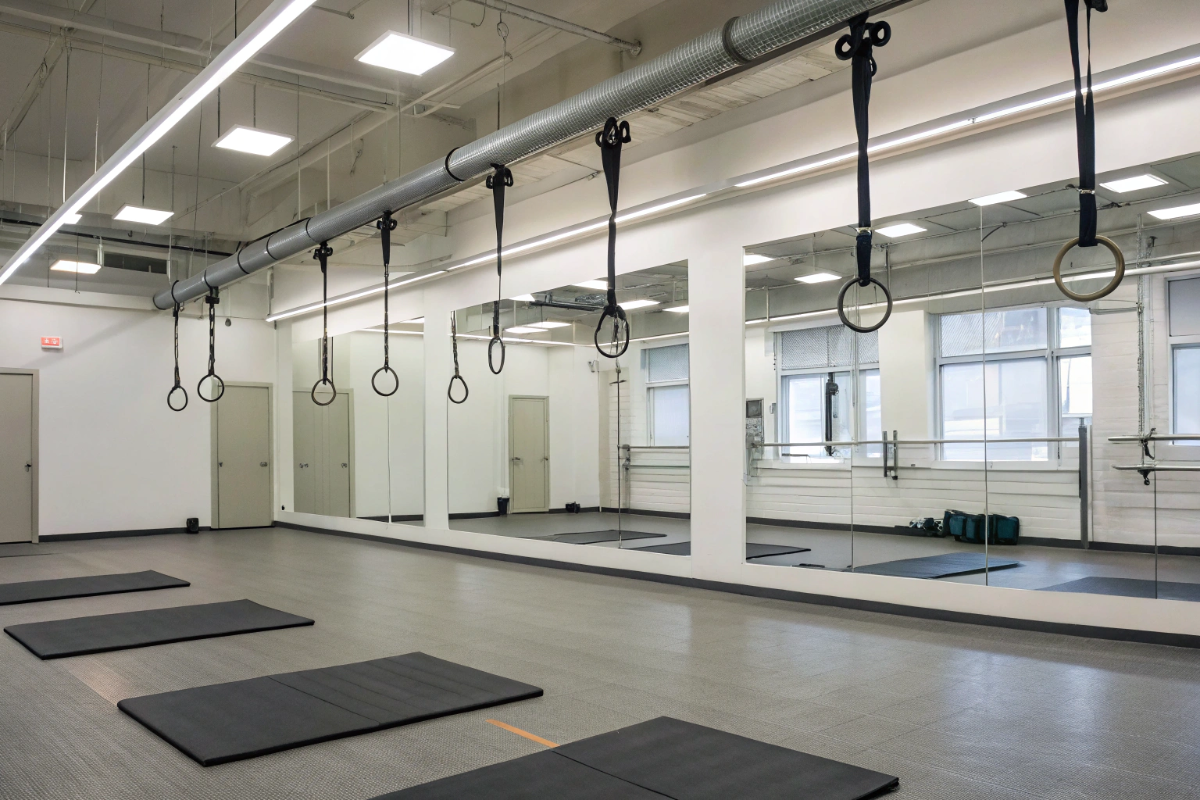 Sala di allenamento attrezzata con tappetini e sbarre per fitness a Perugia