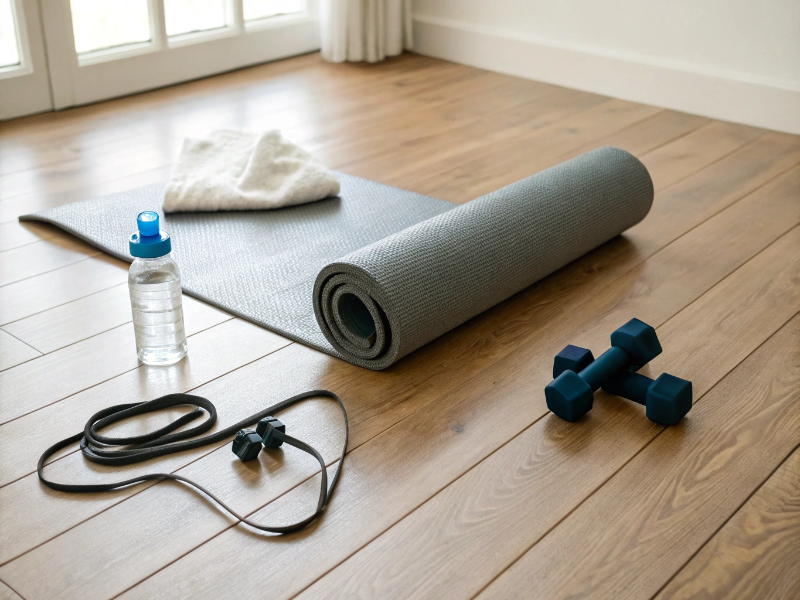 Accessori fitness con tappetino yoga, manubri e borraccia per allenamento